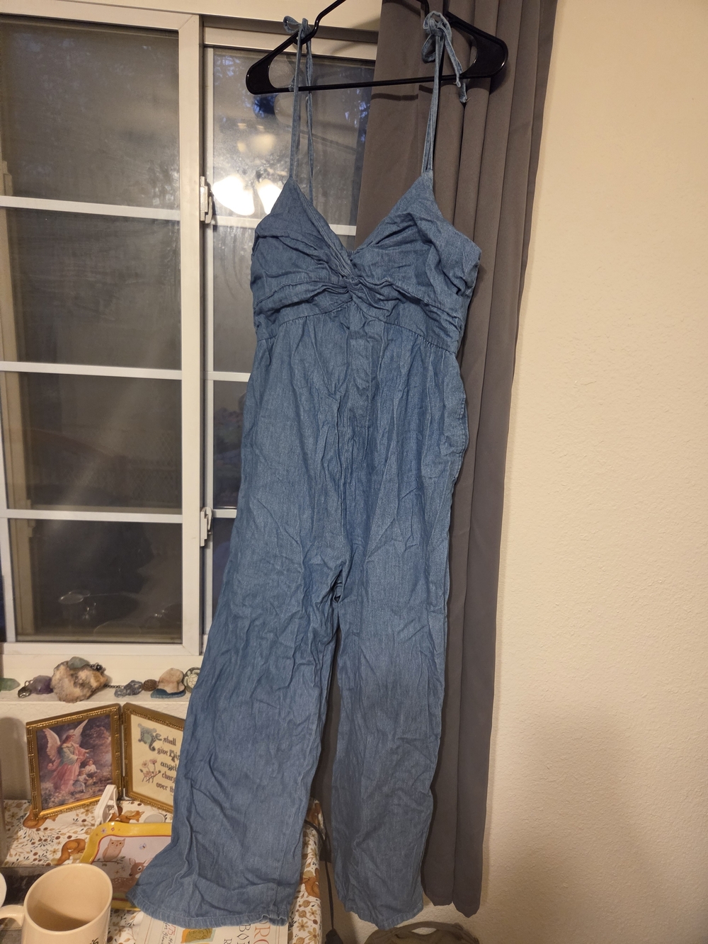 Tie-Shoulder Chambray Jumpsuit in Light Blue